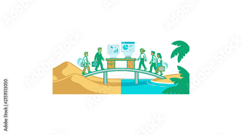 Business people meeting on bridge between desert and beach