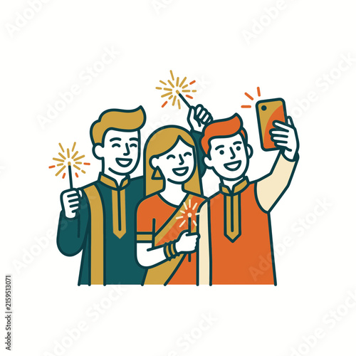 Traditional family group taking festive selfie.