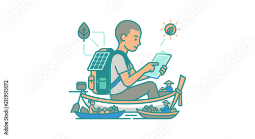 Man on boat using tablet with tech gear.
