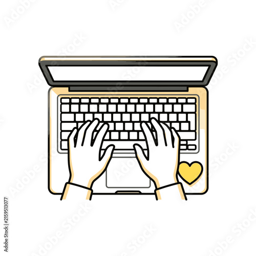 Person typing on laptop keyboard with heart icon sticker.