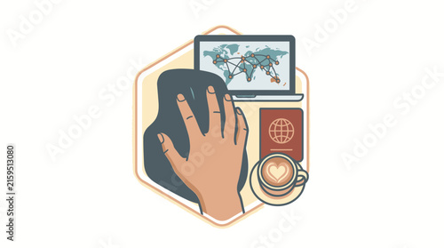 Laptop and hand planning international travel trip.