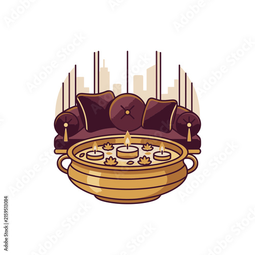 Gold bowl with candles in front of plush sofa.