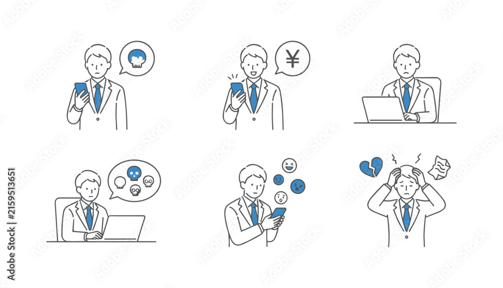 Fototapeta premium Businessman avatar icon set showing smartphone stress laptop work financial fraud online bullying and mental anxiety