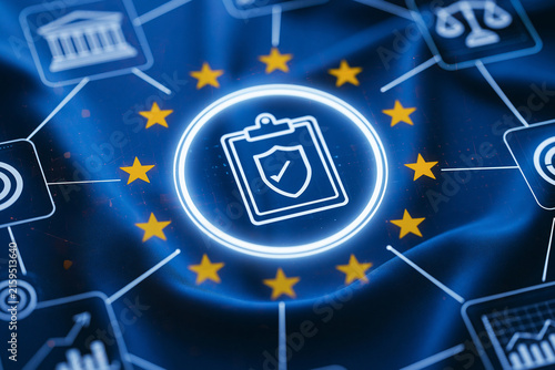 Glowing EU compliance and cybersecurity icon over European flag. Data privacy and regulatory concept for legal tech media.