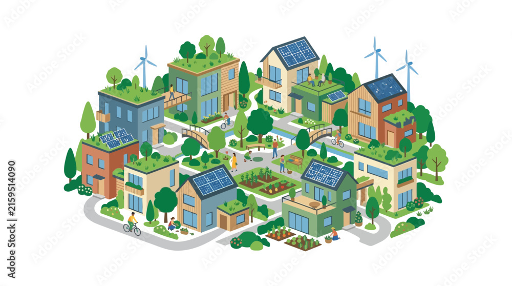 Fototapeta premium Eco-Friendly Sustainable Village Community with Green Roofs and Solar Panels