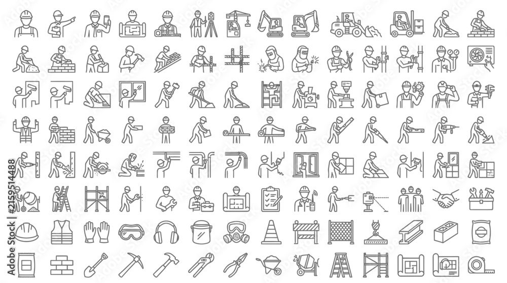 Fototapeta premium Construction and Engineering Line Icon Set with Builder Labor Worker and Industrial Repair Tool Symbols