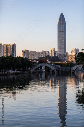 Canvastavla Wenling City Skyline with Modern Tower and Bridge Reflection