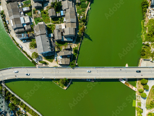 Wenling Bridge Aerial View Over Green Water, China
