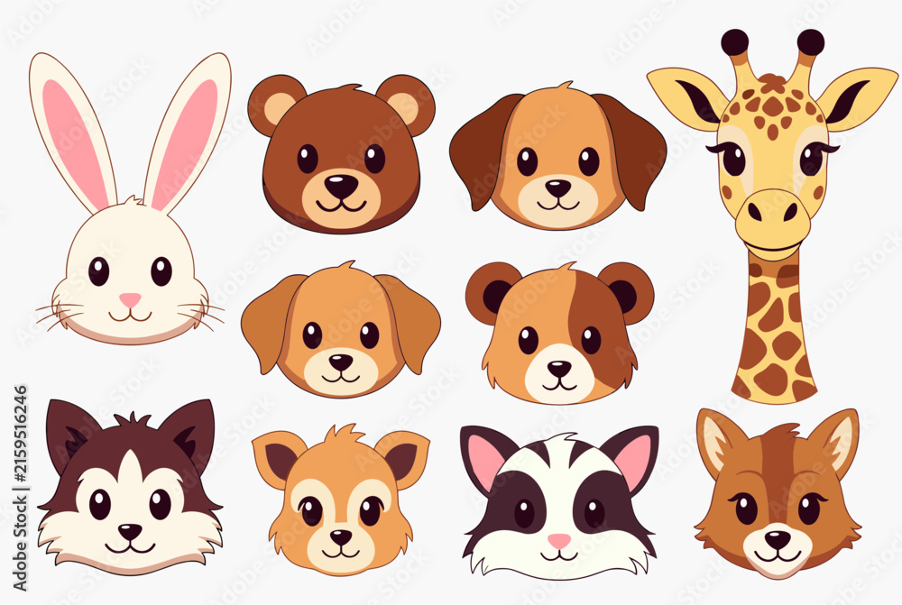Fototapeta premium Adorable collection of cartoon animal faces including a rabbit, bear, dog, giraffe, husky, deer, raccoon, and fox on a white background.