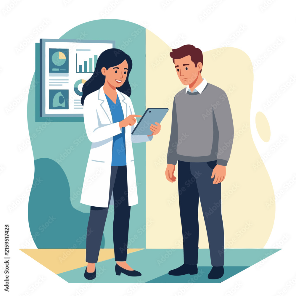 Fototapeta premium Doctor Consulting Patient with Tablet in Medical Office, Showing Health Data on Screen