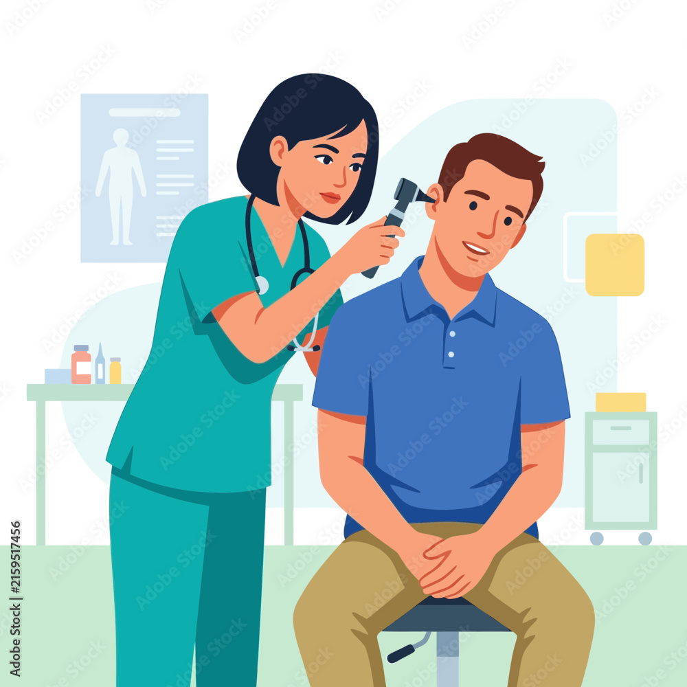 Fototapeta premium Doctor Examining Patient's Ear with Otoscope in Clinic - Medical Check-up Illustration