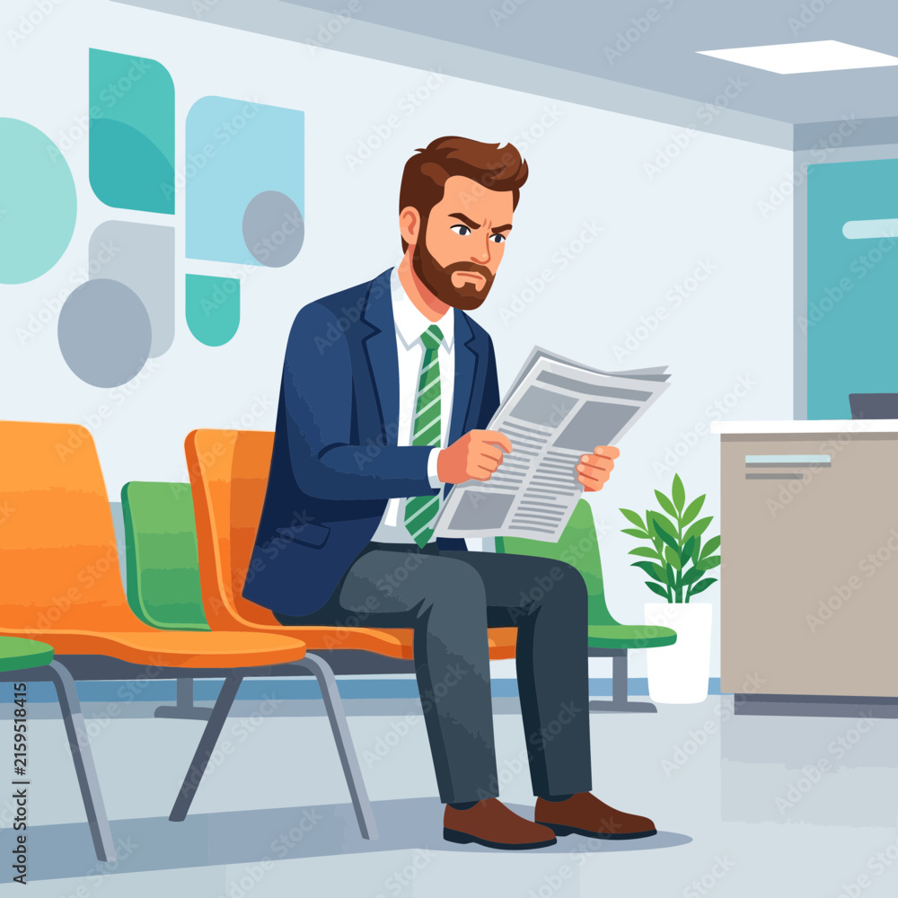 Fototapeta premium Frustrated Businessman Reading Newspaper in Waiting Room