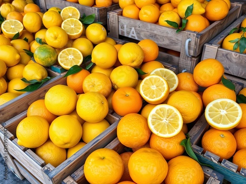 Freshly cut lemons and oranges displayed on wooden crates, lemons, colorful