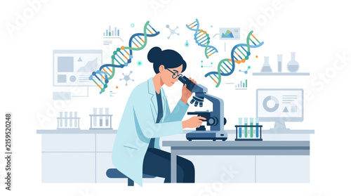 Professional female researcher analyzing biological samples using a microscope in a high-tech lab flat vector illustration