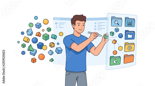 Young man organizing 3D geometric data shapes into digital interface folders for efficient workflow flat vector element.