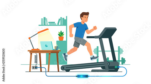 Fit young man sprinting on treadmill generating kinetic energy for home office laptop flat vector illustration