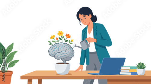 Professional woman watering brain with blooming flowers on office desk for growth mindset concept flat vector element.