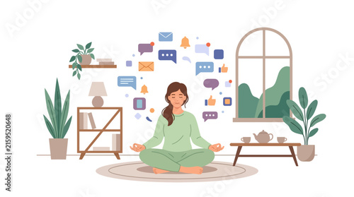 Young woman meditating in lotus pose to find calm amidst social media and digital notifications flat vector element