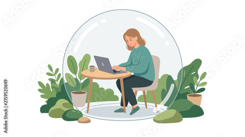 Focused young woman working on laptop inside a protective glass bubble dome flat vector illustration.