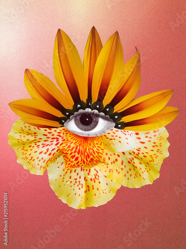 Contemporary art collage. Eyeball in flower. Modern conceptual art poster with a lotus with beautiful blue eye in a mas surrealism style.
