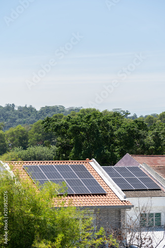 Rooftops of residential houses equipped with solar photovoltaic panels, surrounded by lush tropical greenery, showcasing renewable energy adoption and sustainable living.