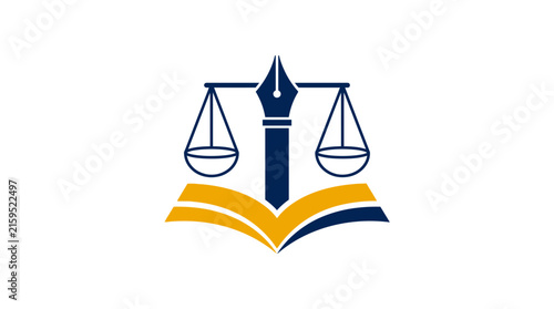 Minimalist logo icon featuring a fountain pen nib combined with legal scales and an open book