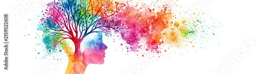 Panel kuchenny z motywem A colorful artistic illustration of a human profile blending with a vibrant, multicolored tree and abstract paint splashes.