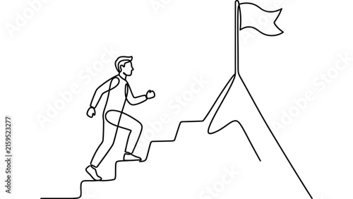 Continuous line drawing of a man climbing stairs to reach the flag on the mountain peak.