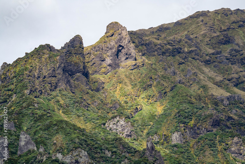 Fotografie Rugged, mountainous terrain covered in tussock grass on Gough Island in the Sout