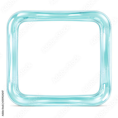 Transparent glass square frame isolated on white background, suitable for photo border, UI banner element, glassmorphism overlay, and abstract display template