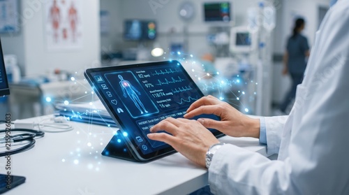 Doctor analyzing patient health data on tablet with holographic medical interface, healthcare technology showing vital signs heart rate blood pressure monitoring system