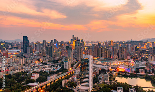 Konstfotografi Chengdu City Skyline at Sunset - China Urban Architecture
