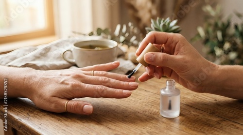 Manicurist Applying Clear Nail Polish on Womans Fingernails