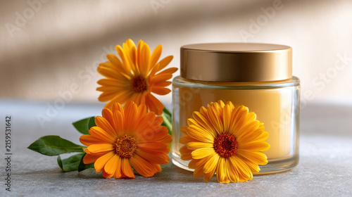 Moisturizer calendula flower extract cream jar natural skincare botanical moisturizer glass jar with calendula flower extract, warm light