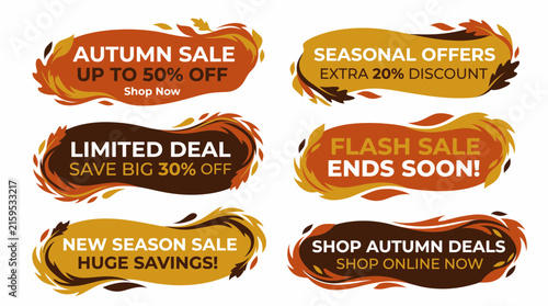 Autumn sale banner collection with seasonal leaves and discount text