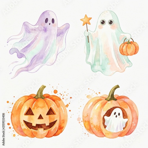 watercolor halloween clipart with cute ghosts and jack o lantern