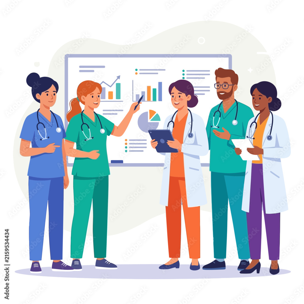 Obraz premium Diverse medical team presenting data on a whiteboard with charts, graphs, and pie chart.