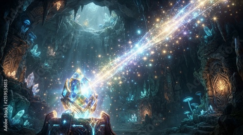 Crystal emitting beam inside illuminated cavern with glowing crystals
