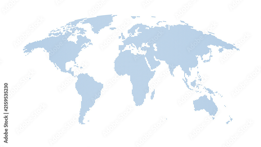 Fototapeta premium Blue dotted world map, halftone dot globe with continents in flat style for infographic and business presentation design