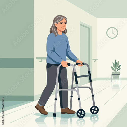 Elderly Woman Using a Walker in a Modern Healthcare Facility Corridor, Promoting Independence and Mobility
