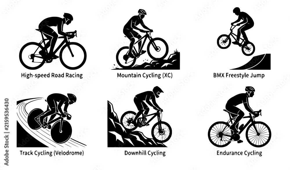 Fototapeta premium Dynamic Cycling Bicycle Racing and Sportsman Black Silhouette Vector Set