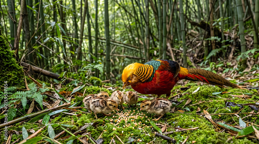 Naklejka premium Golden pheasant mother feeding chicks in a lush bamboo forest habitat