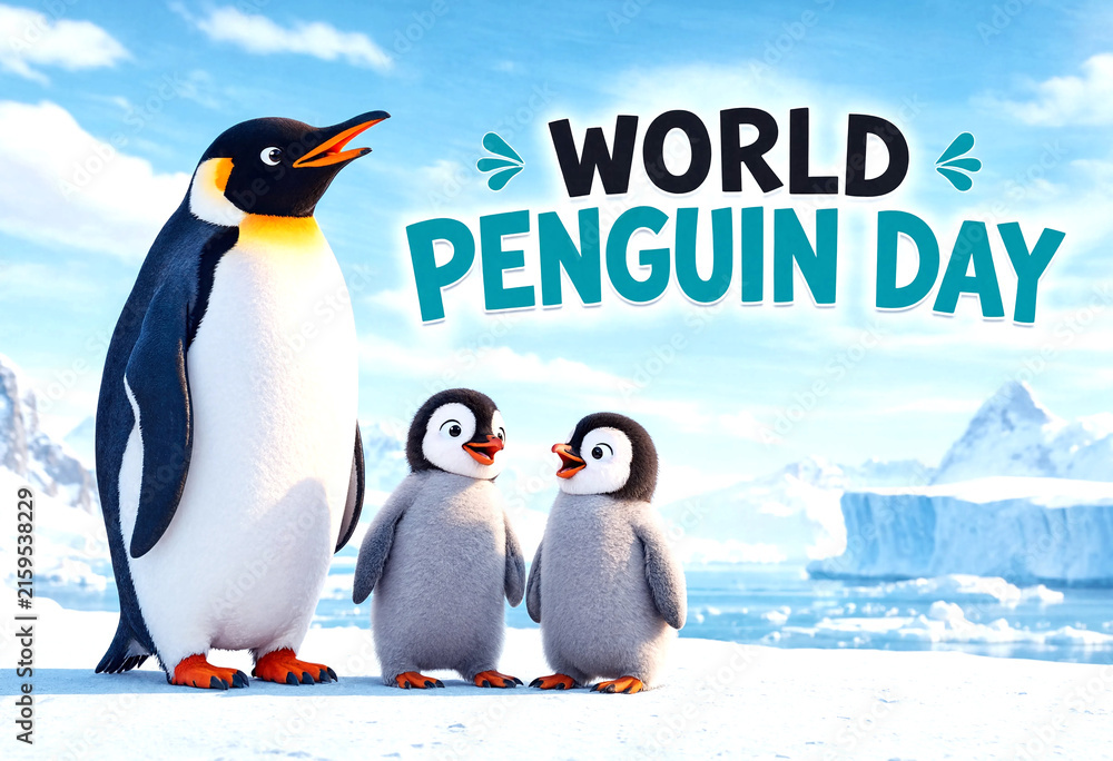 Obraz premium Cute illustration of a family of penguins celebrating world penguin day in icy landscape setting