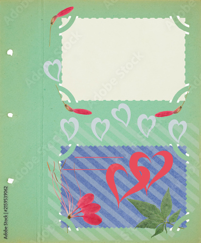 Page of memories. Photo album with empty photo frames. Scrapbook, floral elements. Page from old photo album. Dried pressed cleome or spider flower. Postcard, banner, poster, invitations, greetings.