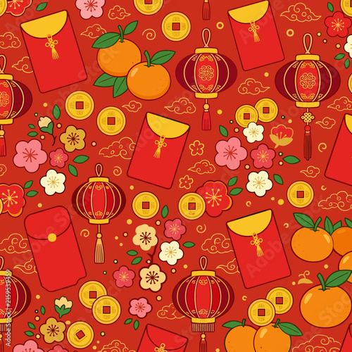 Chinese New Year Seamless Pattern with Lanterns and Red Envelopes