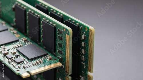 Obraz na płótnie Close up of green computer ram memory modules