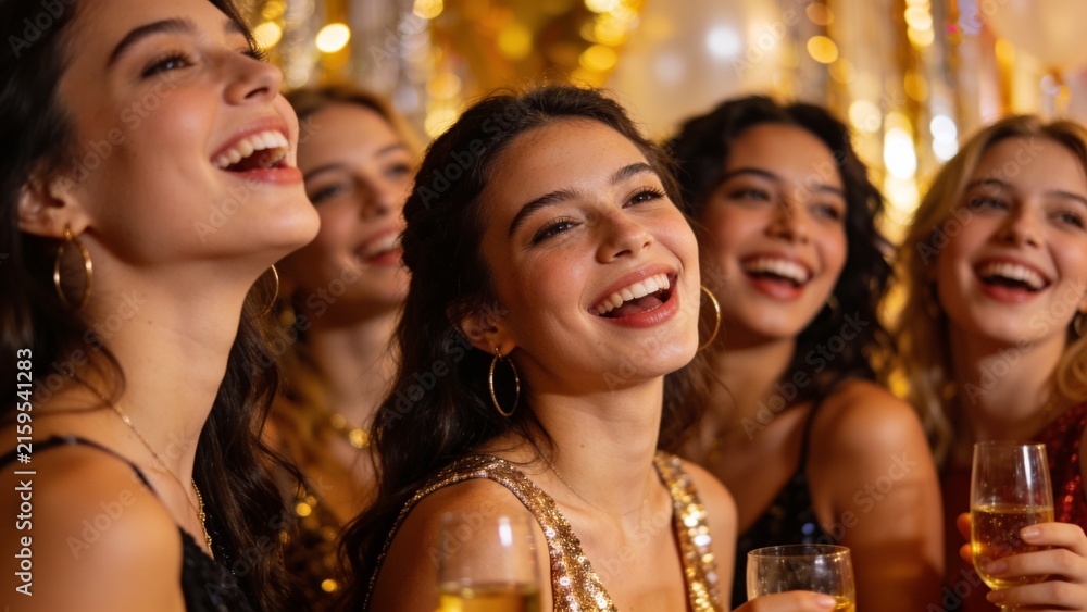 Obraz premium Group of Happy Diverse Women Celebrating New Year Party with Champagne Glasses and Golden Bokeh Lights