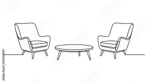 Canvastavla Continuous single line drawing of two armchairs and a coffee table for living ro