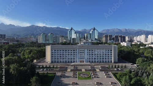 View from a quadcopper of Republic Square and the Akimat (City Hall) of the Kazakh city of Almaty