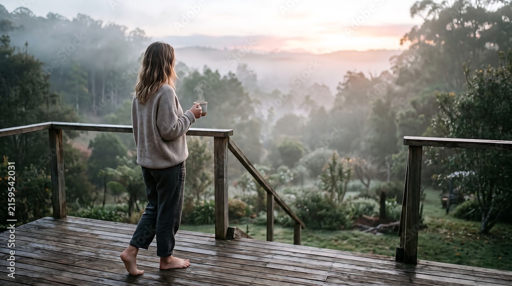 Fototapeta premium A woman in a cozy sweater stands barefoot on a wooden deck, holding a mug and looking at a misty forest valley at dawn. Serene, morning, nature.